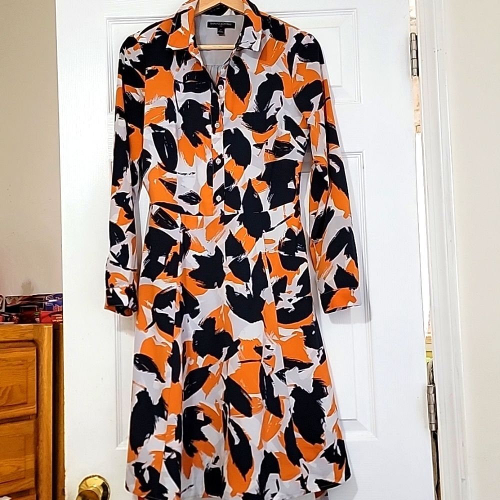 Banana Republic belted shirt dress navy and orange‎ abstract print size 6